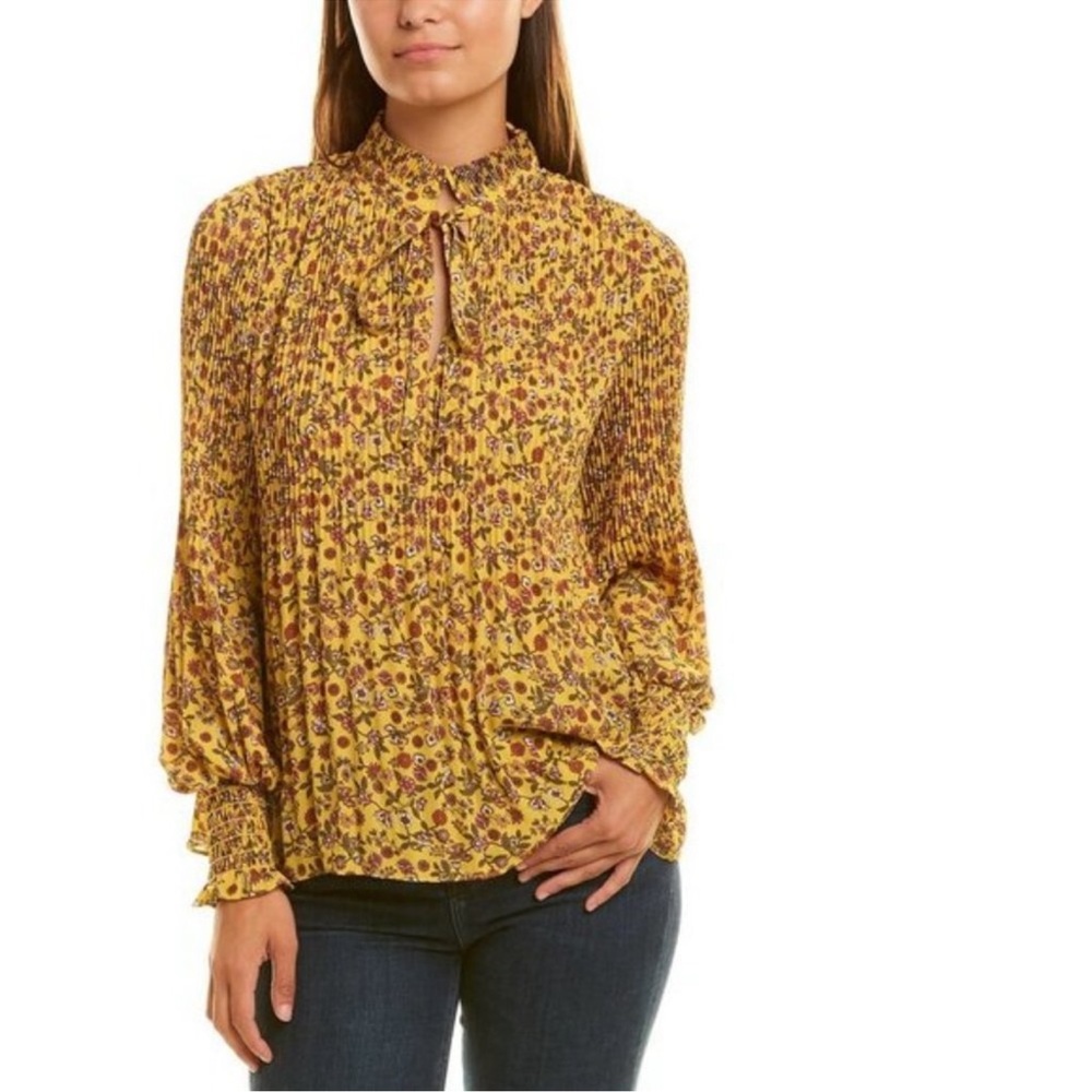 Max Studio pleated mustard floral tie-neck blouse with ruffle - Size small